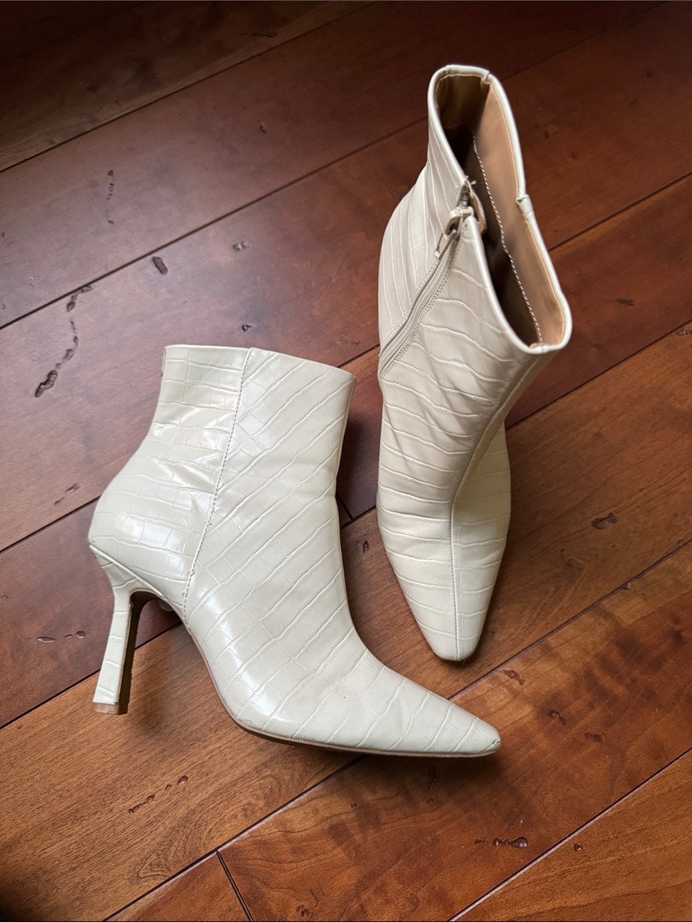 Express Croc-Embossed Pointed Toe Ankle Boots - Cream